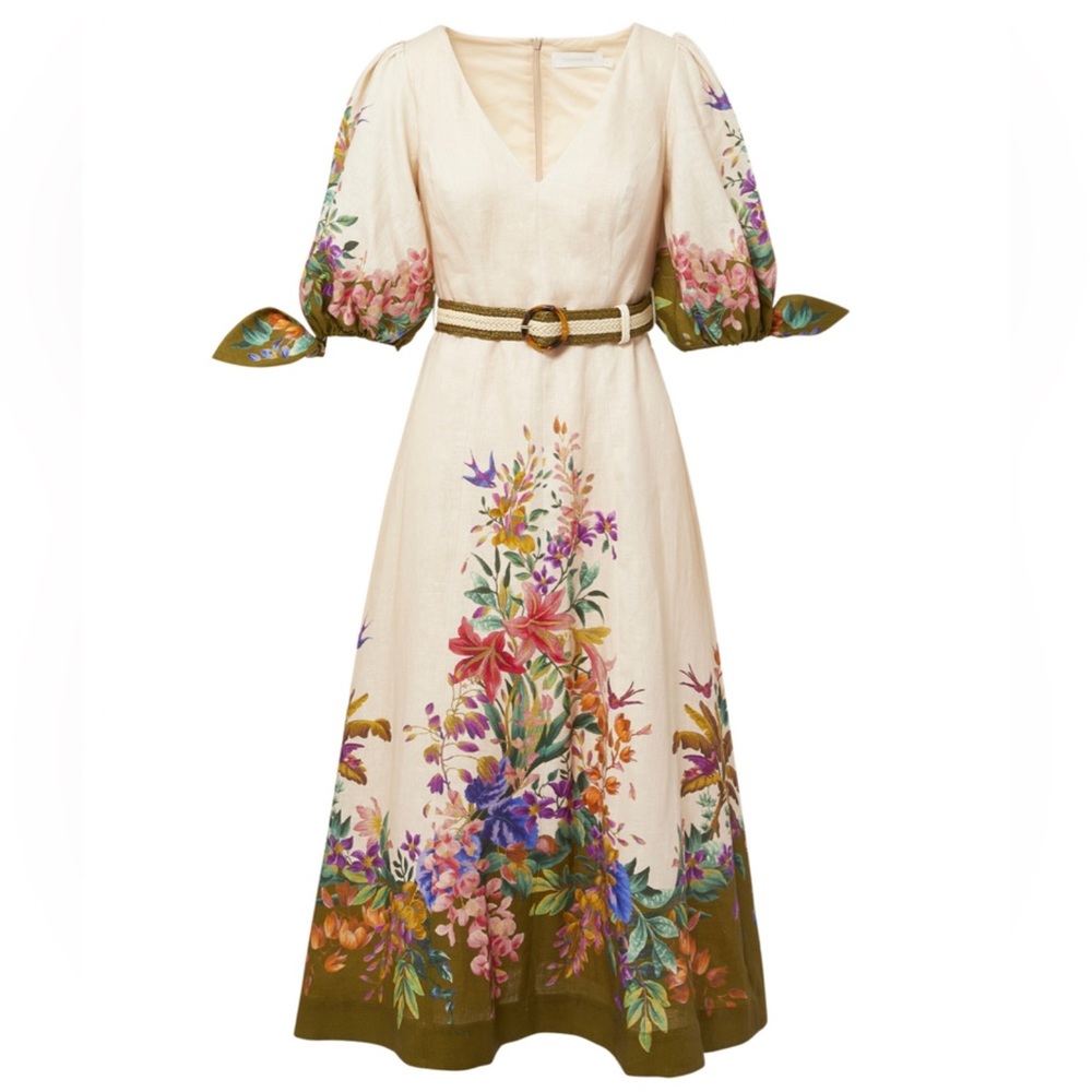 Zimmermann Tropicana Tie Sleeve Midi Dress Cream Floral